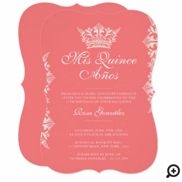Royal Blush Leaf Crown Elegant Pink Quinceañera Invitation