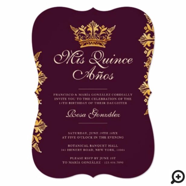 Royal Gold Leaf Crown Elegant Burgundy Quinceañera Invitation