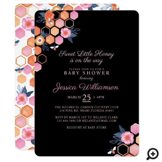 Sweet Little Honey On The Way | Black Floral Bee Invitation