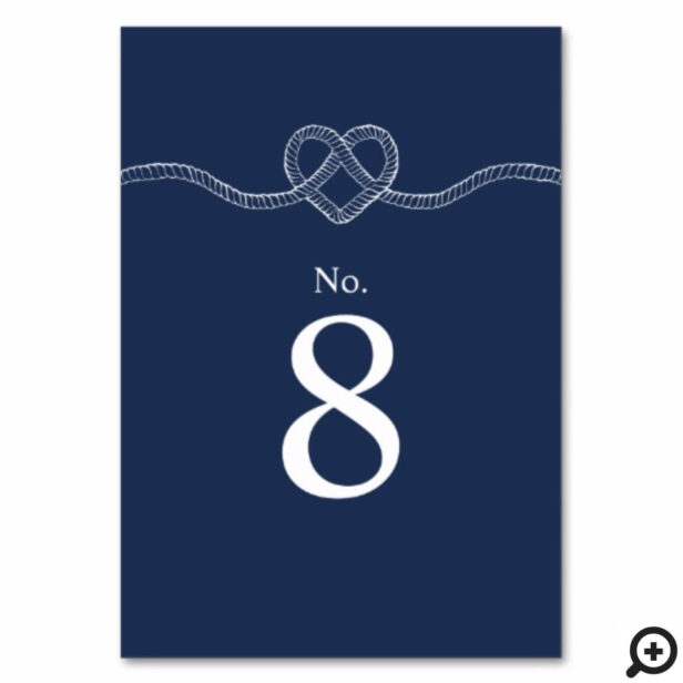 Tying The Knot Rope Heart Nautical Navy & White Table Number