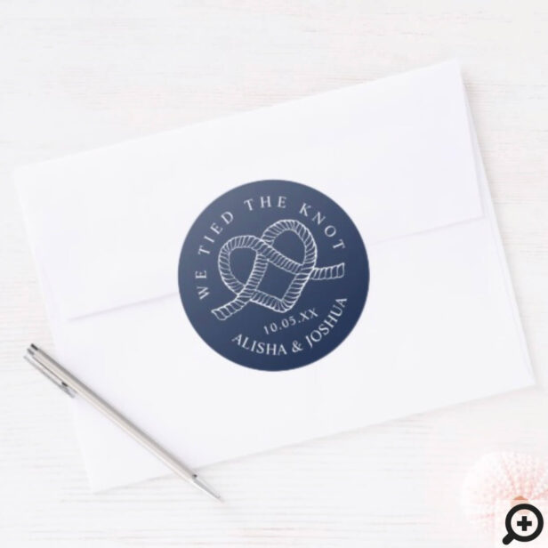 We Tied The Knot Rope Heart Nautical Navy & White Classic Round Sticker
