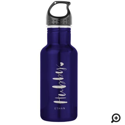 Hubby Love | Stylish Navy Brush Script Typographic Stainless Steel Water Bottle