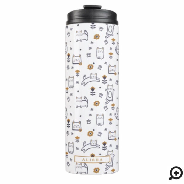 I love Cats Cute Little Kitty Cat & Floral Pattern Thermal Tumbler