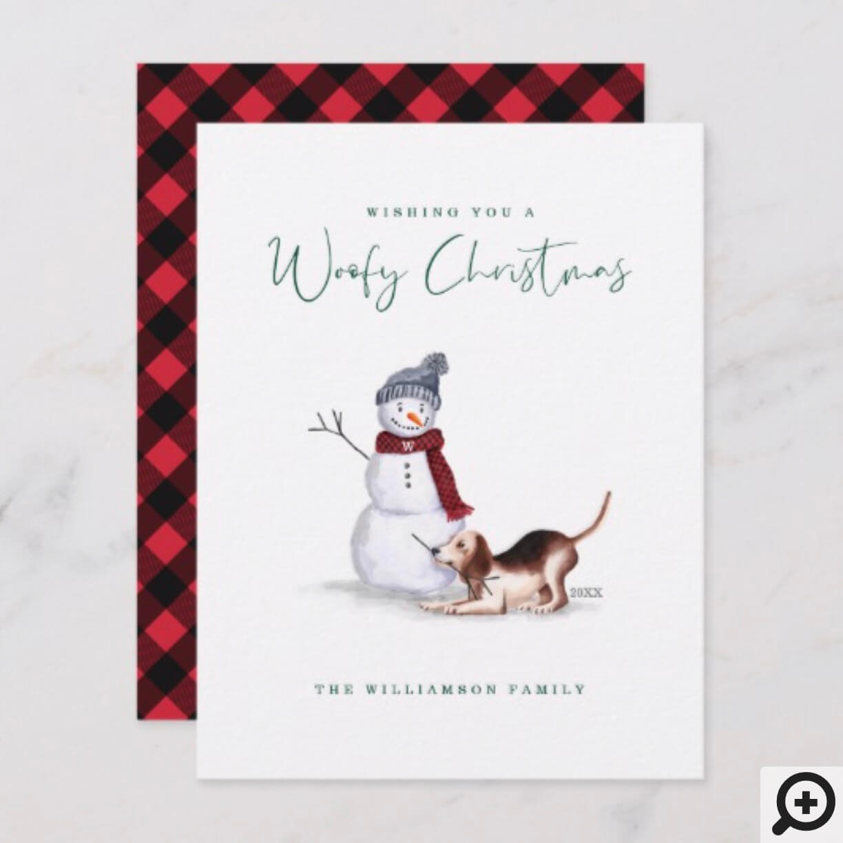 Naughty Dog Watercolor Beagle Playing With Snowman Holiday Card