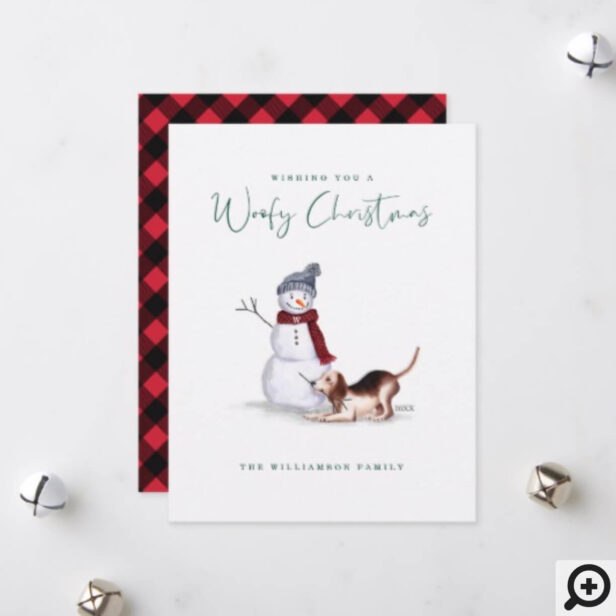Naughty Dog Watercolor Beagle Playing With Snowman Holiday Card