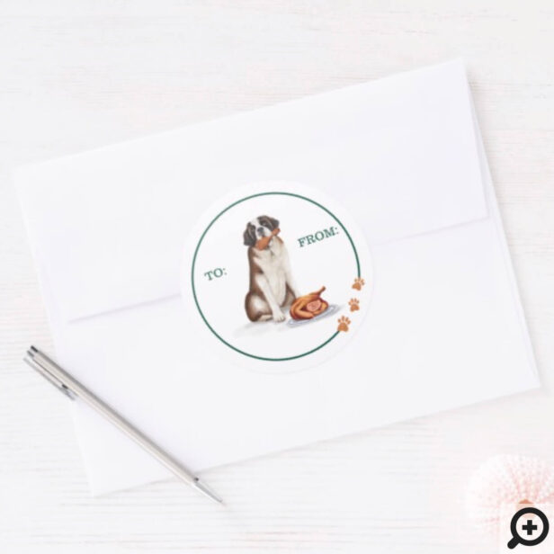 Naughty Dog Watercolor Pomeranian Eat Holiday Card Classic Round Sticker