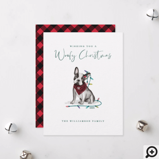 Naughty Watercolor Cute Bulldog Tangled in Lights Holiday Card