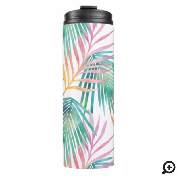 Tropical Vibes Pink & Teal Watercolor Palm Leaf Thermal Tumbler