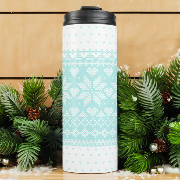 Cozy Knitted Sweater Pattern White & Mint Green Thermal Tumbler