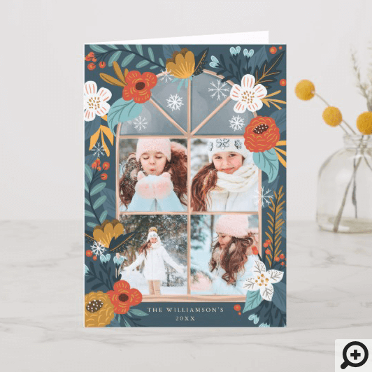Christmas Holiday Floral Window Four Photo Layout Greeting Card
