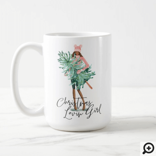 Watercolor Girl Holding Evergreen Christmas Tree Coffee Mug