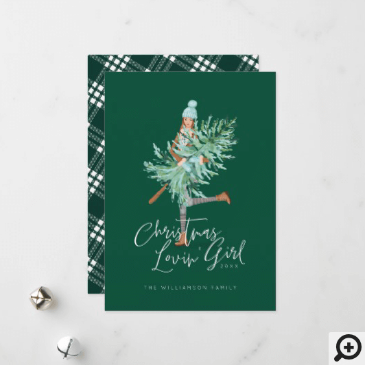 Watercolor Girl Holding Evergreen Christmas Tree Holiday Card