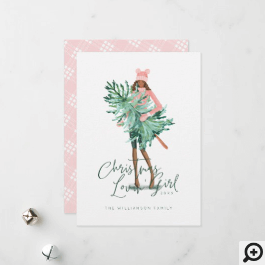 Watercolor Girl Holding Evergreen Christmas Tree Holiday Card