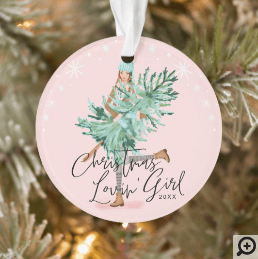 Watercolor Girl Holding Evergreen Christmas Tree Ornament Pink