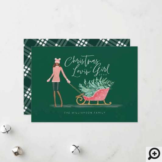 Waterolor Christmas Lovin' Girl Pulling Sleigh Holiday Card