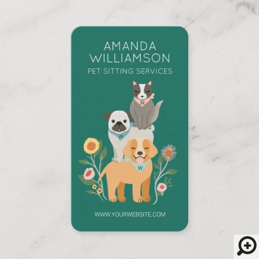 Adorable Floral Dog & Cat Pet Care Services Green Business Card