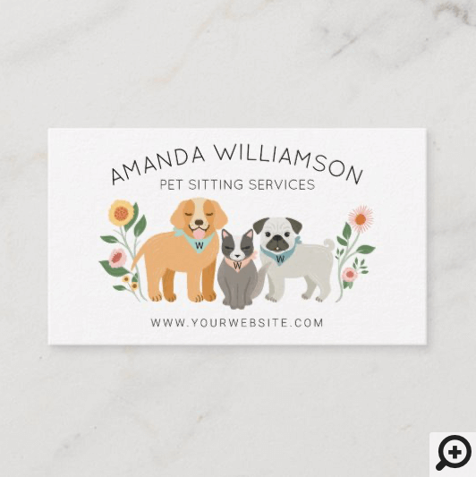 Adorable Floral Dog & Cat Pet Care Services White Horizontal Business Card