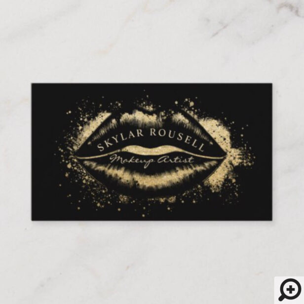 Luxury Black & Gold Glitter Lips Makeup Artist Business Card