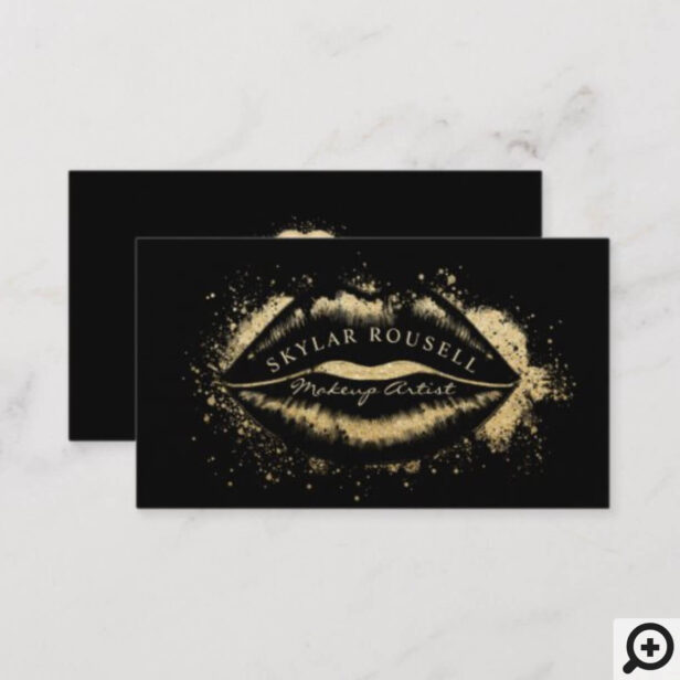 Luxury Black & Gold Glitter Lips Makeup Artist Business Card