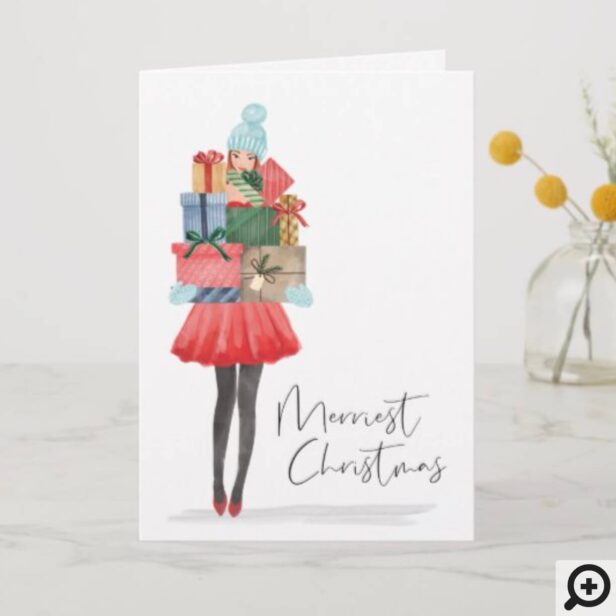 Merriest Christmas Cute Watercolor Girl Presents Holiday Card