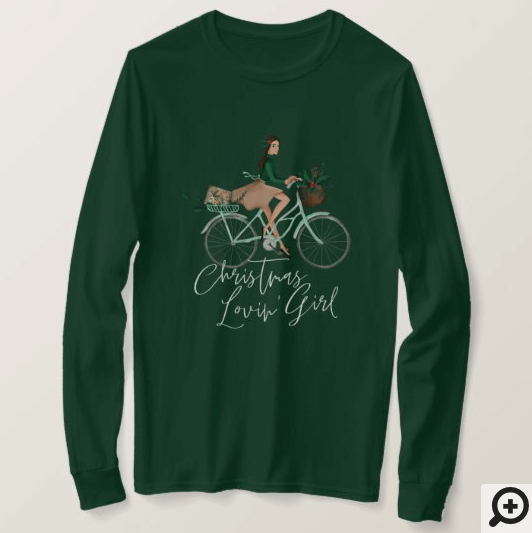 Waterolor Christmas Lovin' Girl Riding A Bicycle T-Shirt