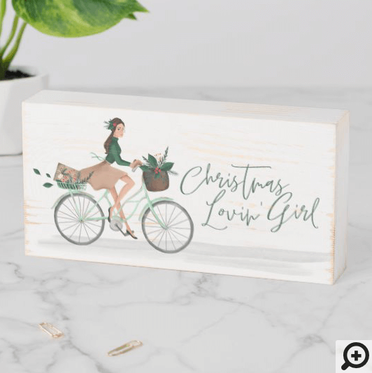 Waterolor Christmas Lovin' Girl Riding A Bicycle Wooden Box Sign
