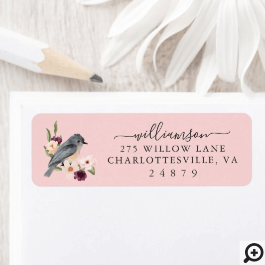 Beautiful Bohemian Style Watercolor Bird & Branch Pink Label