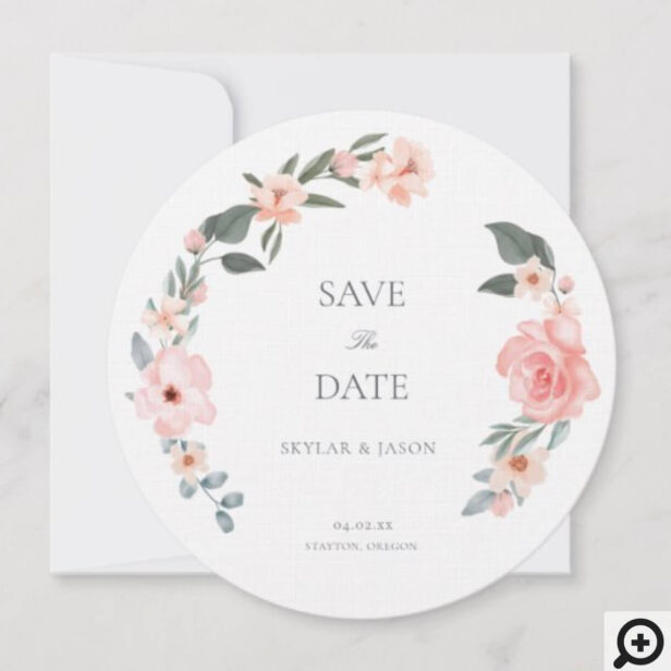 Blush Pink Watercolor Floral Rose & Sage Greenery Save The Date