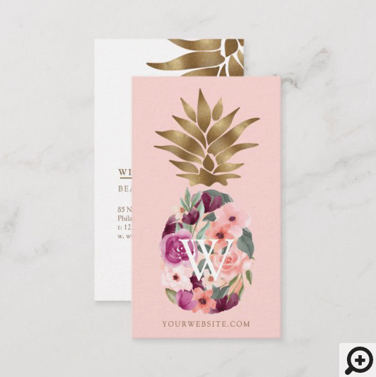 Chic Floral Botanical Watercolor Golden Pineapple Business Card Pink