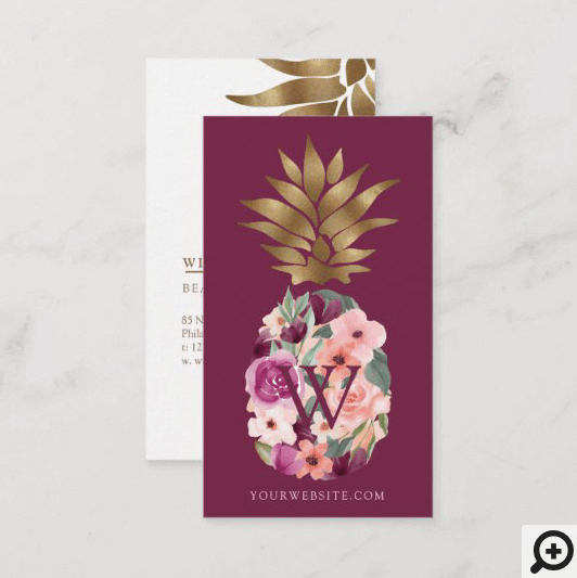 Chic Floral Botanical Watercolor Golden Pineapple Business Card Violet