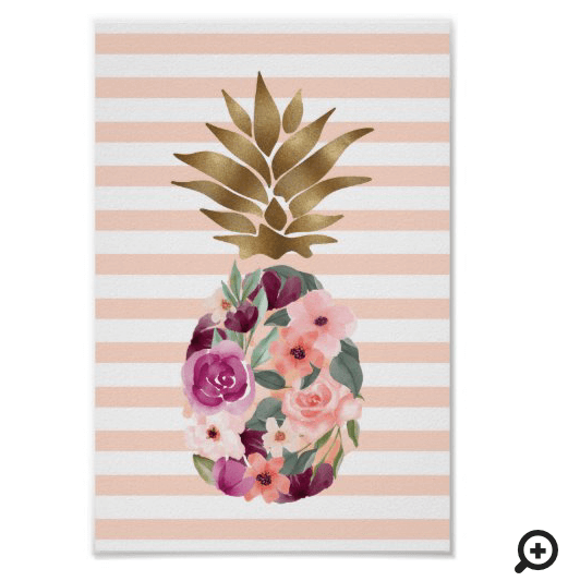 Chic Floral Botanical Watercolor Golden Pineapple Poster