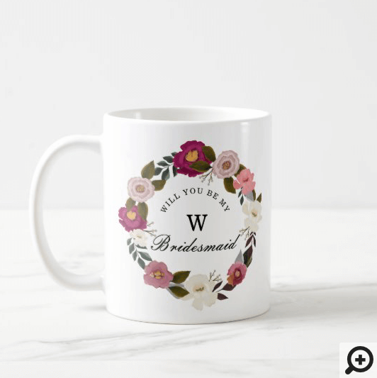 Moody Floral Watercolor Wreath Bridesmaid Monogram Coffee Mug