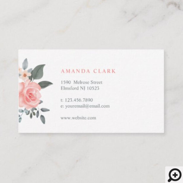 Chic Blush Pink Watercolor Floral Rose & Greenery Business Card