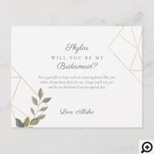 Minimal Greenery & Gold Will You Be My Bridesmaid Invitation Postcard