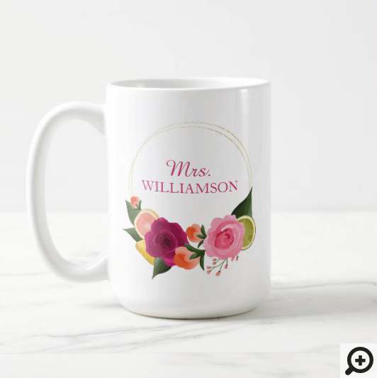 Pink Punch Watercolour Citus & Floral Mrs. Coffee Mug