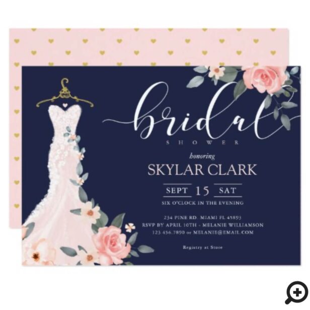 Floral Wedding Dress Navy Bridal Shower Invitation