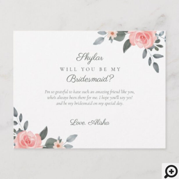 Watercolor Floral Rose Will You Be My Bridesmaid Invitation Postcard