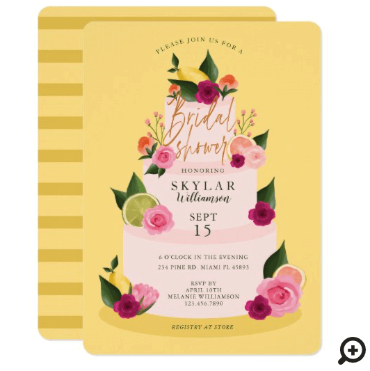Watercolour Citus Floral 3 Tier Cake Bridal Shower Invitation Yellow