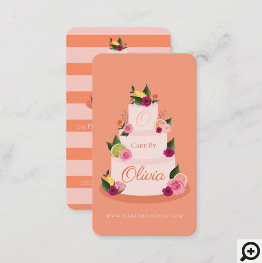 Watercolour Citus Floral 3 Tier Cake Cake Bakery Business Card Peach