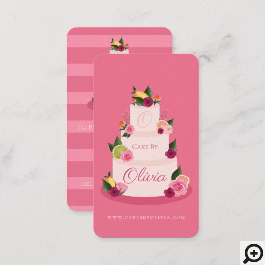 Watercolour Citus Floral 3 Tier Cake Cake Bakery Business Card Pink
