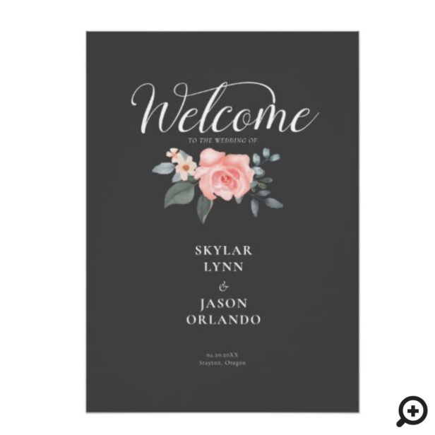 Welcome Watercolor Floral Rose & Sage Foliage Grey Poster