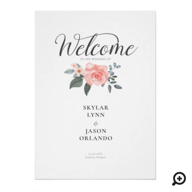 Welcome Watercolor Floral Rose & Sage Foliage White Poster