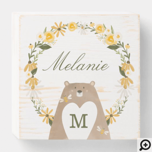 Bear & Bee Watercolor Wildflower Baby Room Wooden Box Sign