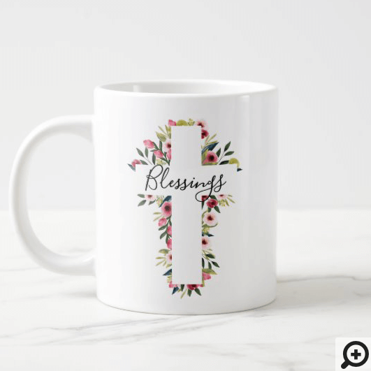 Blessings Floral Watercolor Religious Cross Giant Coffee Mug