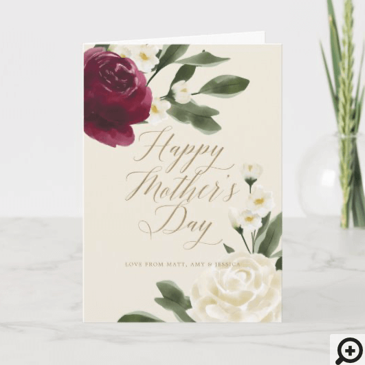 Elegant Burgundy & Cream Rose Blossom Mother's Day Card Cream1