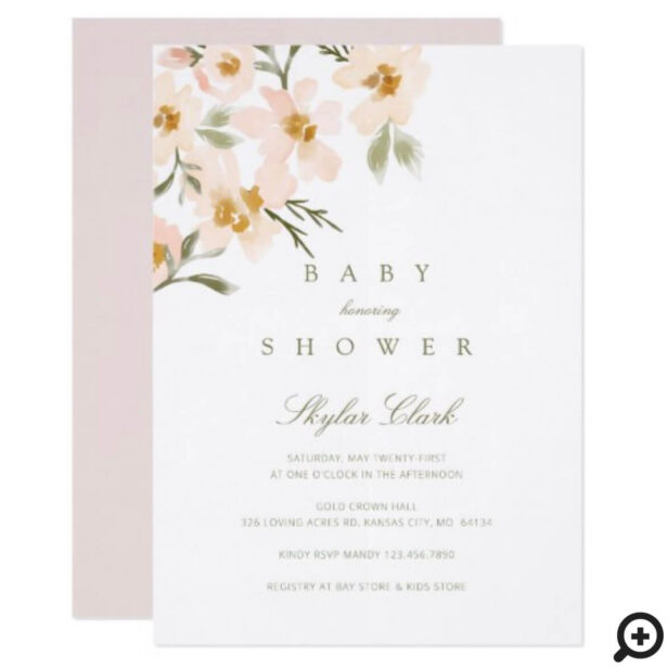 Gardenia Watercolor Floral Blush Baby Shower Invitation
