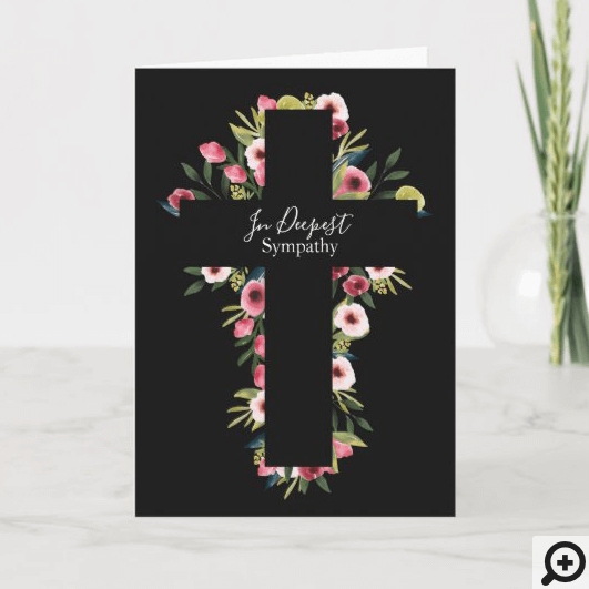 In Deepest Sympathy Pretty Floral Watercolor Cross Card