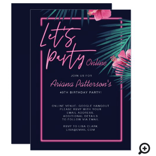 Let's Party Online Neon Pink Tropical Birthday Invitation