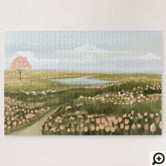 Beautiful Oil Painting Floral Meadow Path & Lake Jigsaw Puzzle