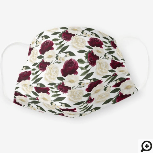Burgundy White Cream Rose Floral Watercolor White Cloth Face Mask